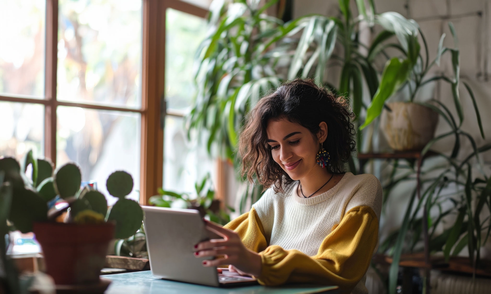 Young happy smiling pretty latin woman holding smartphone using cellphone modern technology, looking at mobile phone while remote working or hybrid learning on laptop at home sitting, Generative AI