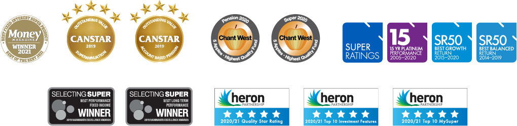 Winner Money Magazine | Canstar 5 star rating | SuperRatings Best Growth Return | Selecting Super Best Long-term Performance | Chant West Highest Quality Fund | Heron Partnership Quality Star Rating